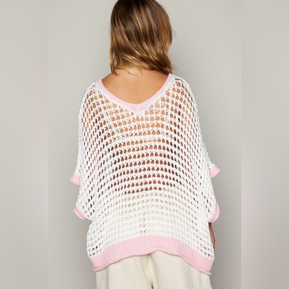 44B - POL Pink and White V-Neck Sweater - Picture 3 of 4